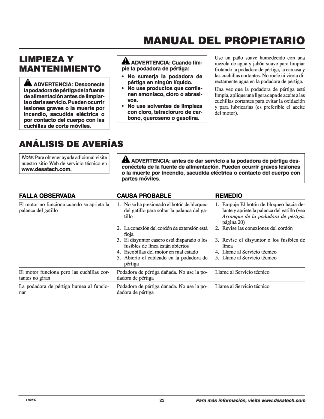 Remington 110946-01A owner manual Limpieza Y Mantenimiento, Análisis De Averías, Falla Observada, Causa Probable, Remedio 