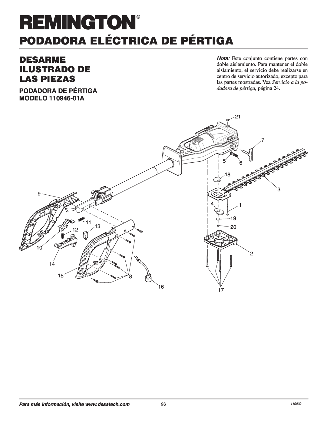 Remington Desarme Ilustrado De Las Piezas, PODADORA DE PÉRTIGA MODELO 110946-01A, Podadora Eléctrica De Pértiga, 110939 