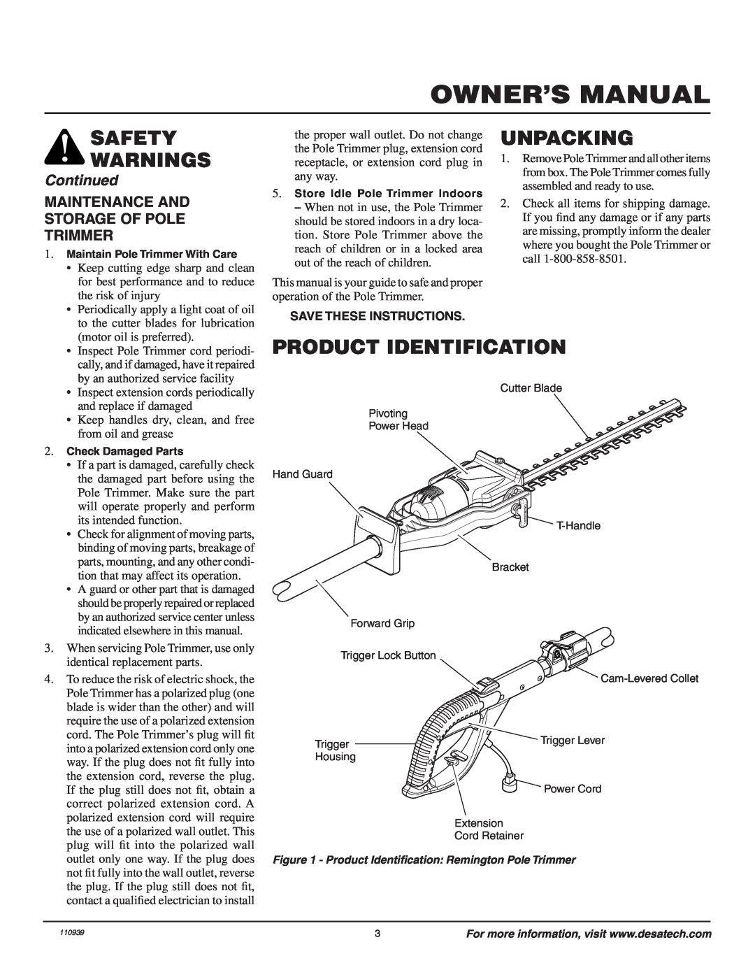 Remington 110946-01A owner manual Unpacking, Product Identification, Continued, Maintenance And Storage Of Pole Trimmer 