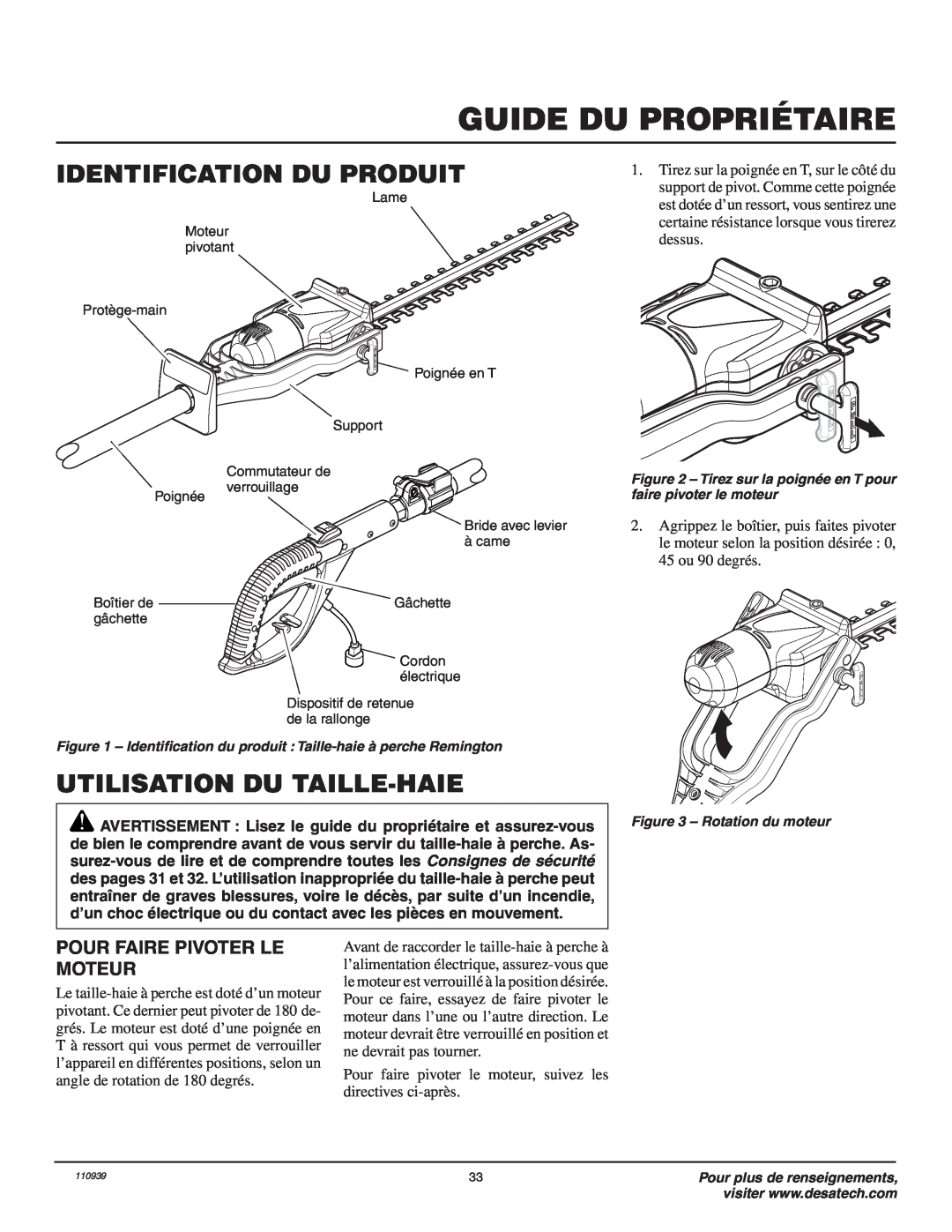 Remington 110946-01A owner manual Identification Du Produit, Utilisation Du Taille-Haie, Pour Faire Pivoter Le Moteur 