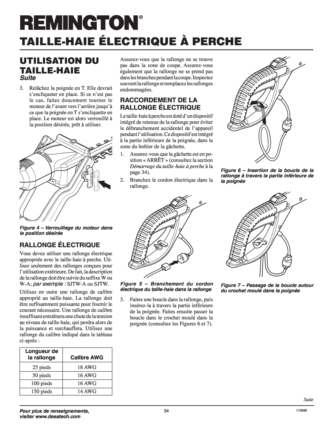 Remington 110946-01A owner manual Raccordement De La Rallonge Électrique, Taille-Haie Électrique À Perche, Suite 