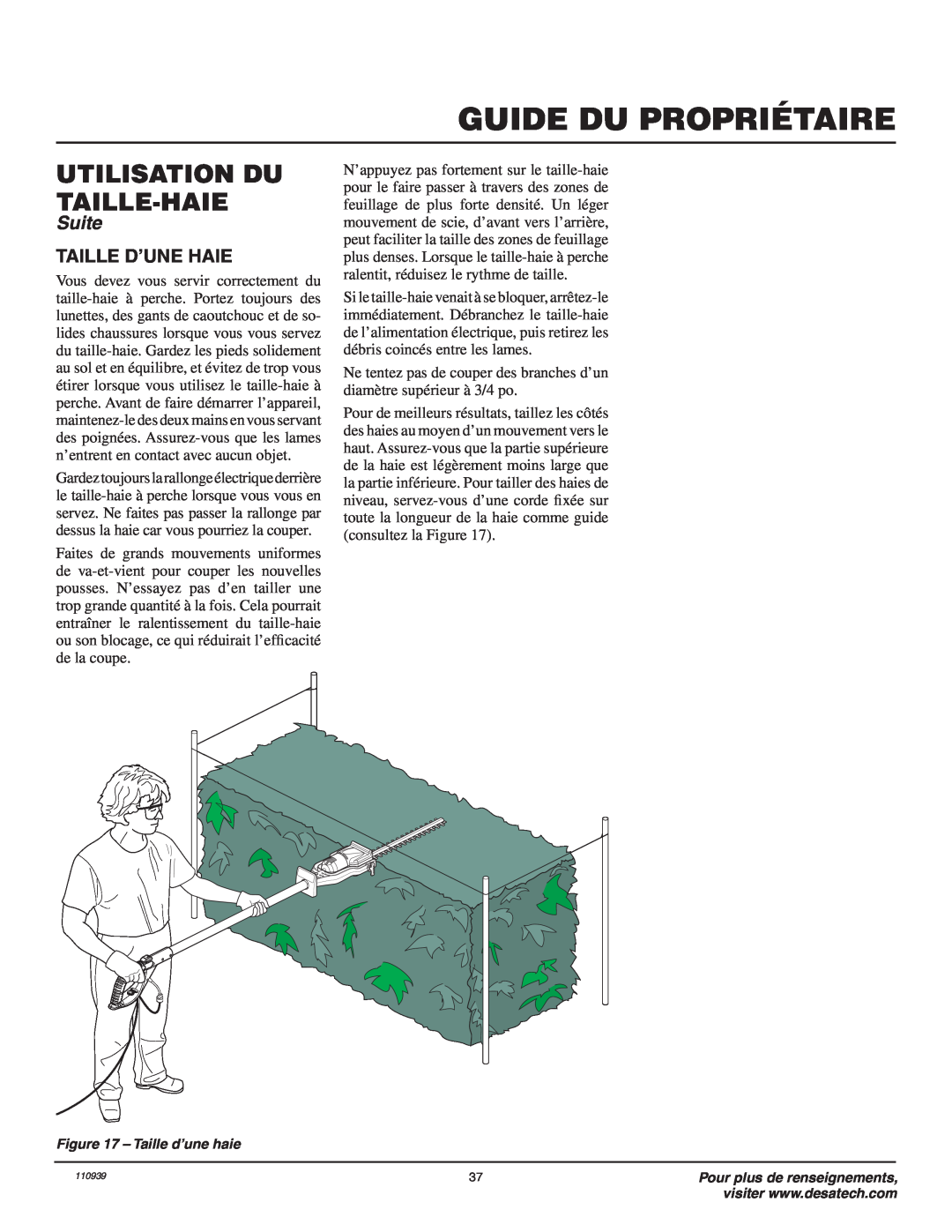 Remington 110946-01A owner manual Taille D’Une Haie, Guide Du Propriétaire, Utilisation Du Taille-Haie, Suite 