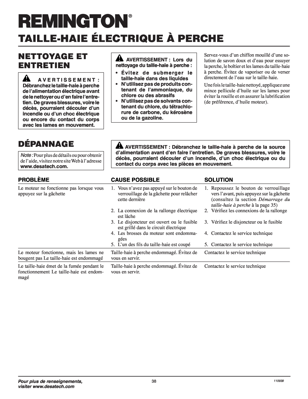 Remington 110946-01A Nettoyage Et Entretien, Dépannage, Problème, Cause Possible, Solution, taille-haie à perche à la page 