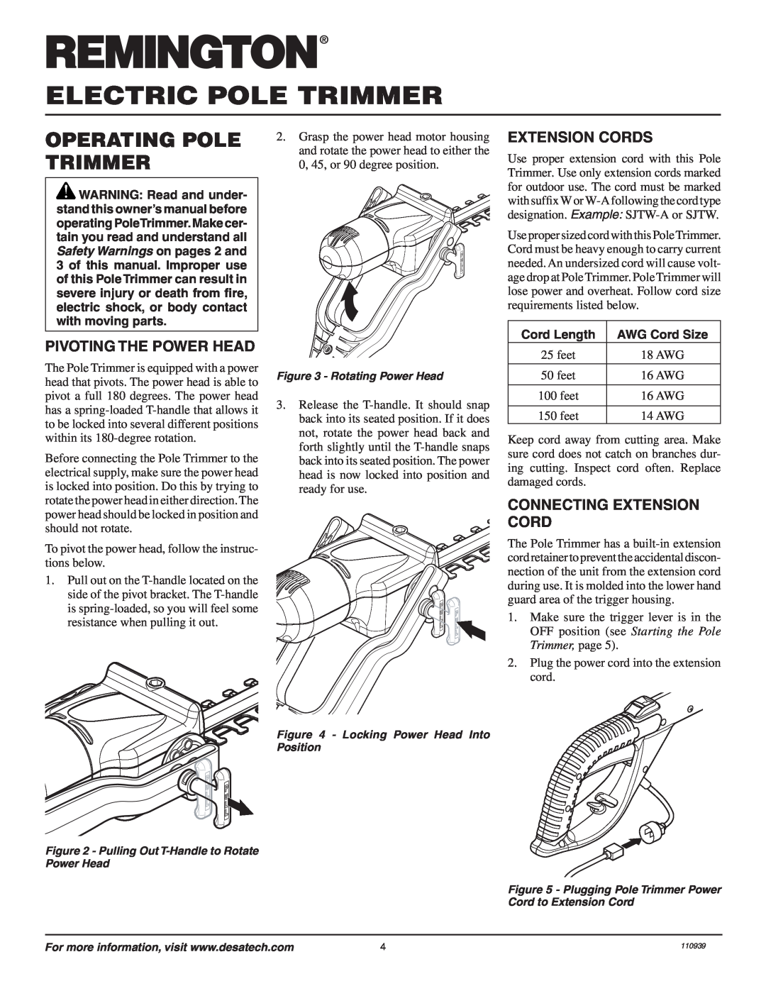 Remington 110946-01A Operating Pole Trimmer, Pivoting The Power Head, Extension Cords, Connecting Extension Cord 