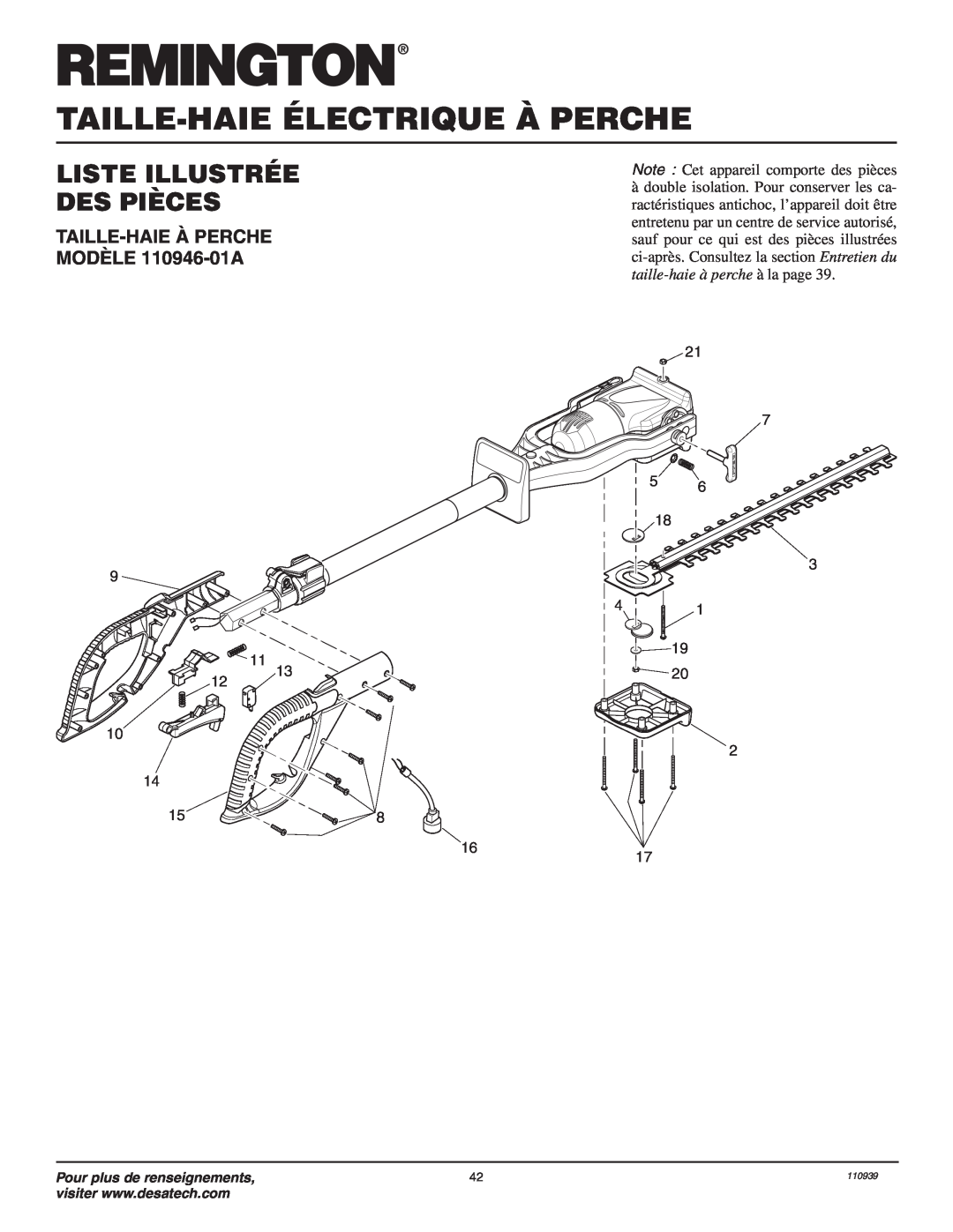 Remington Liste Illustrée Des Pièces, TAILLE-HAIE À PERCHE MODÈLE 110946-01A, Taille-Haie Électrique À Perche 