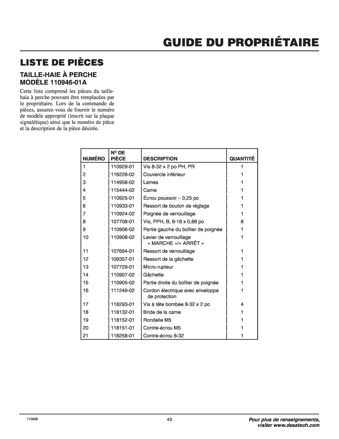 Remington Liste De Pièces, Guide Du Propriétaire, TAILLE-HAIE À PERCHE MODÈLE 110946-01A, Pour plus de renseignements 