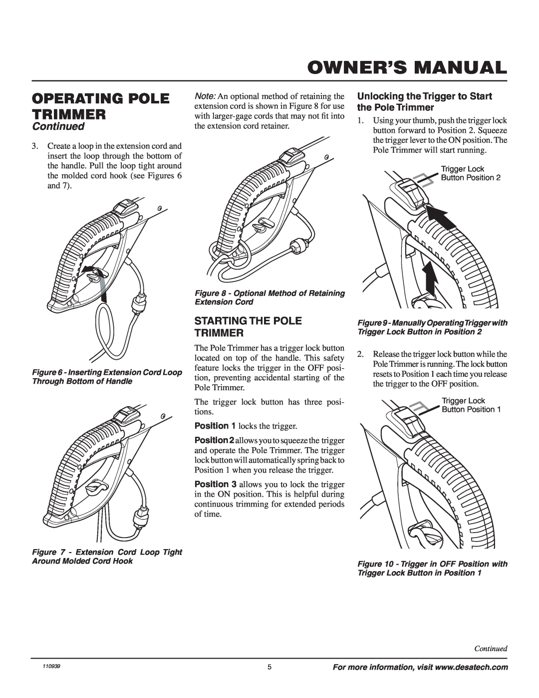 Remington 110946-01A Starting The Pole Trimmer, Unlocking the Trigger to Start the Pole Trimmer, Operating Pole Trimmer 