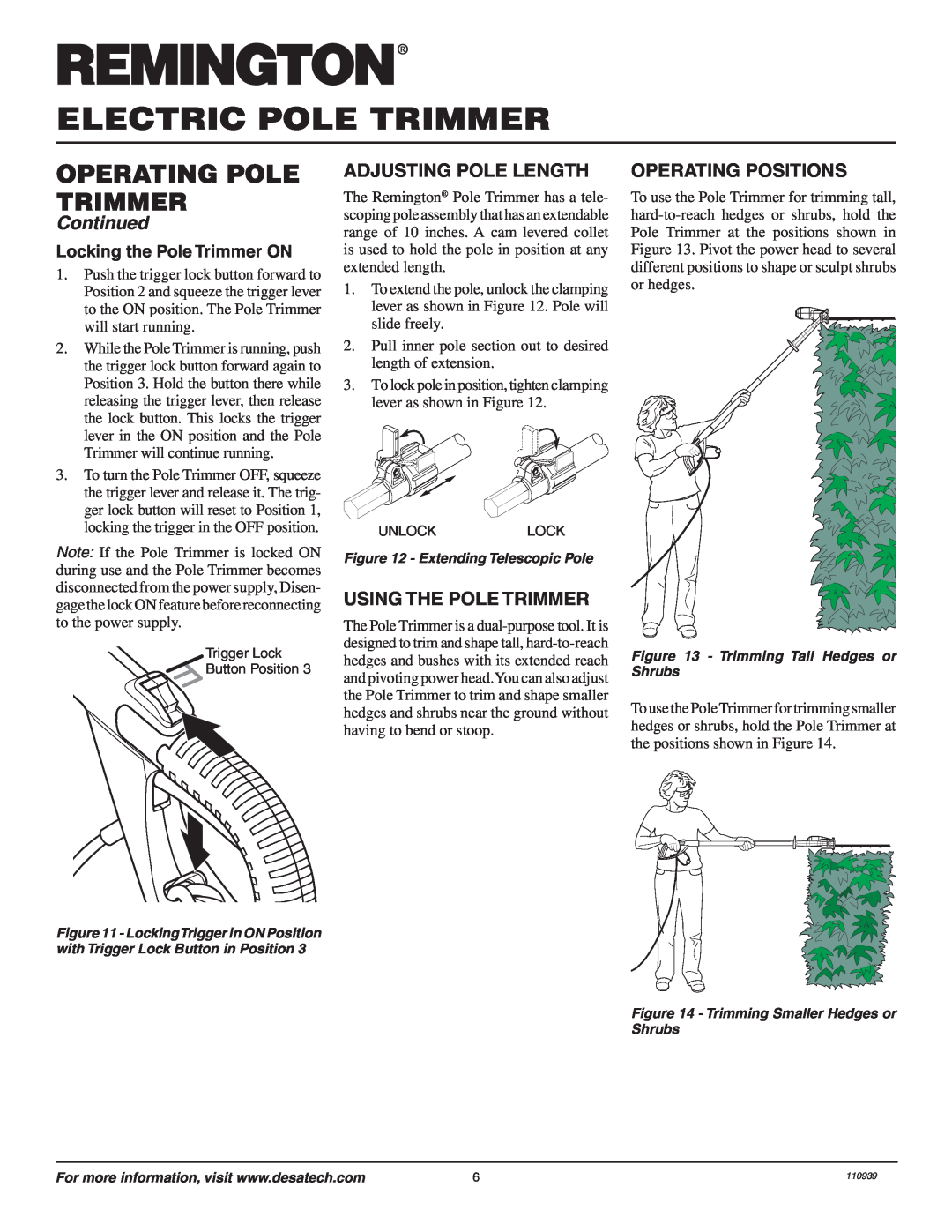 Remington 110946-01A Adjusting Pole Length, Using The Pole Trimmer, Operating Positions, Locking the Pole Trimmer ON 