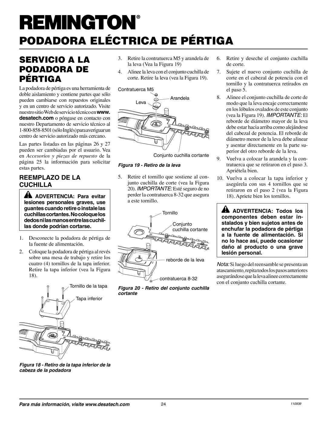 Remington 117535-01A owner manual Servicio a LA Podadora DE Pértiga, Reemplazo DE LA Cuchilla 