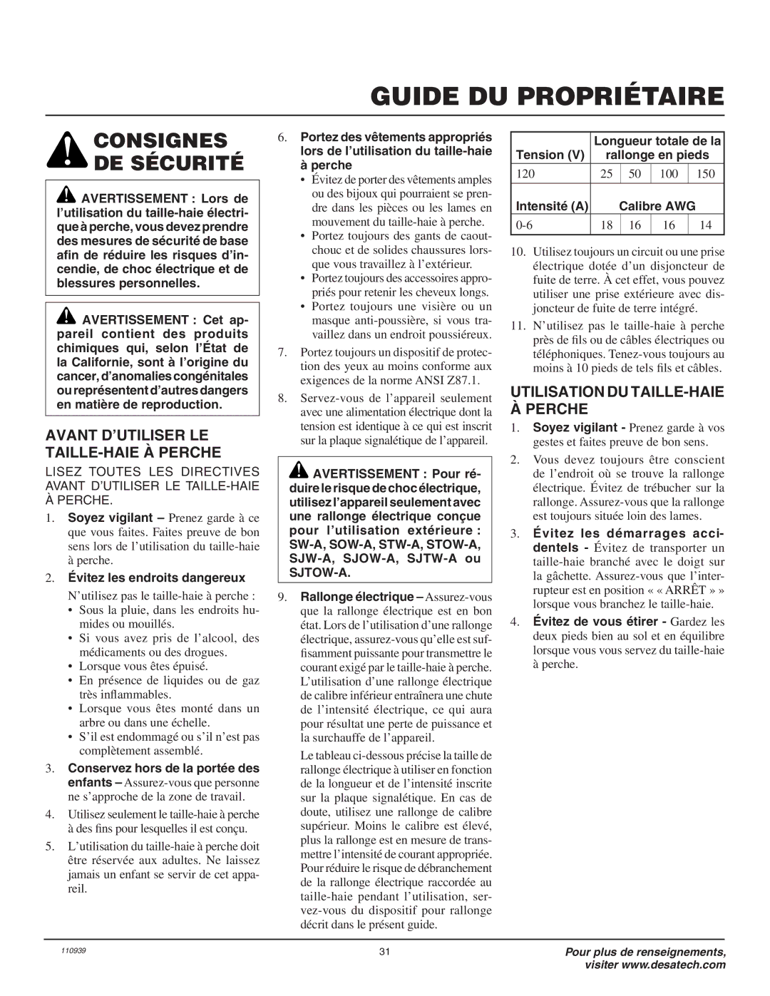 Remington 117535-01A Consignes DE Sécurité, Avant D’UTILISER LE TAILLE-HAIE À Perche, Utilisation DU TAILLE-HAIE À Perche 