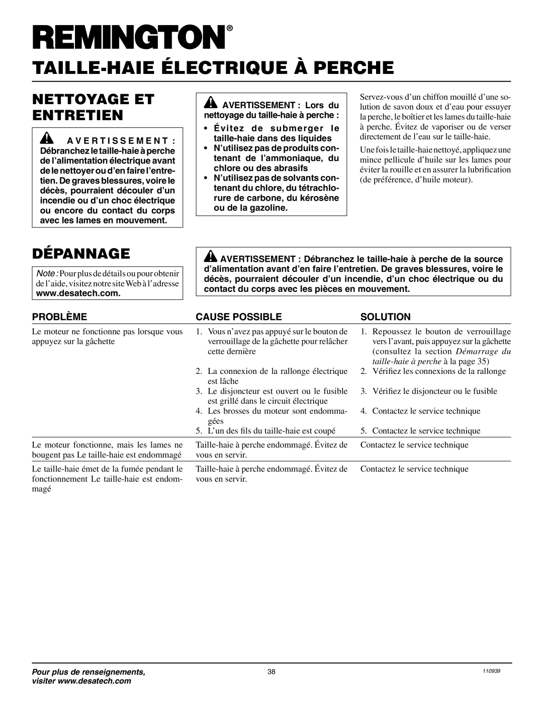 Remington 117535-01A owner manual Nettoyage ET Entretien, Dépannage, Le moteur ne fonctionne pas lorsque vous 