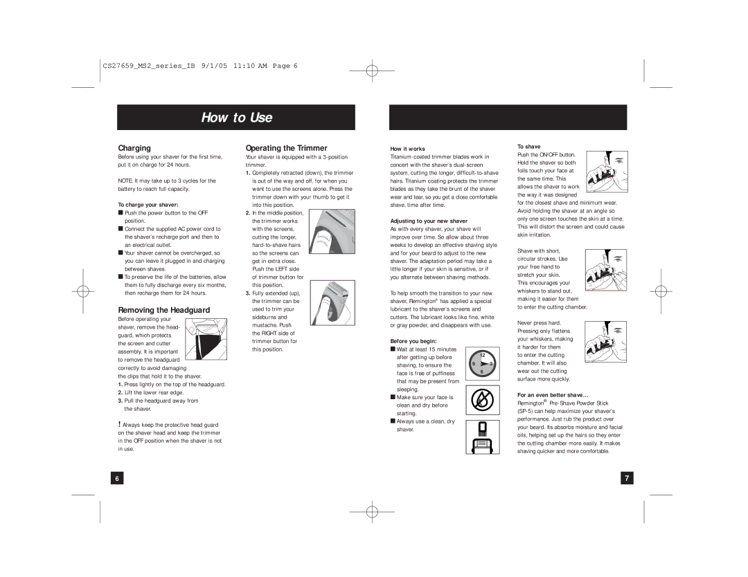 Remington 300, 500 manual How to Use, Charging, Removing the Headguard, Operating the Trimmer 