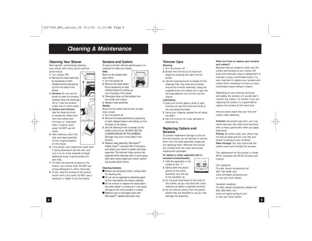 Remington 500 Cleaning & Maintenance, Cleaning Your Shaver, Screens and Cutters, Trimmer Care, Replacing Cutters Screens 