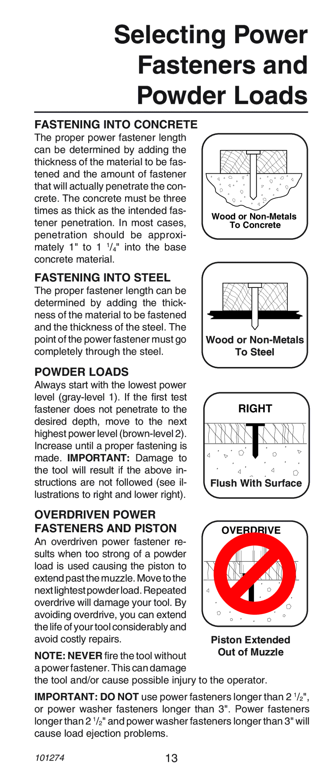 Remington 490, 489 Selecting Power Fasteners Powder Loads, Fastening Into Concrete, Fastening Into Steel 