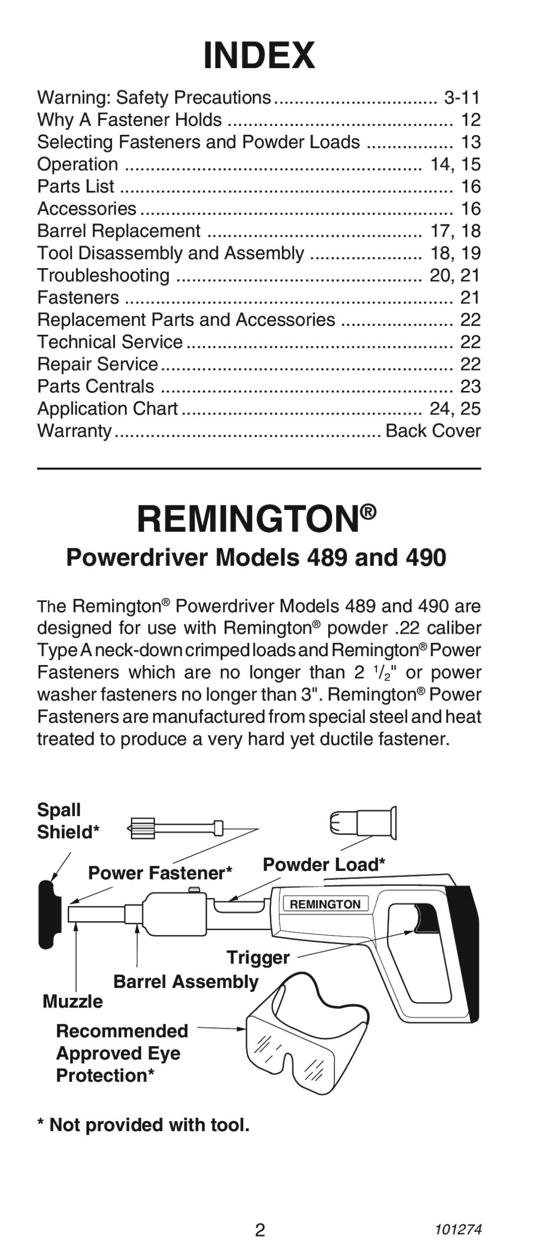 Remington 489, 490 operating instructions Index 