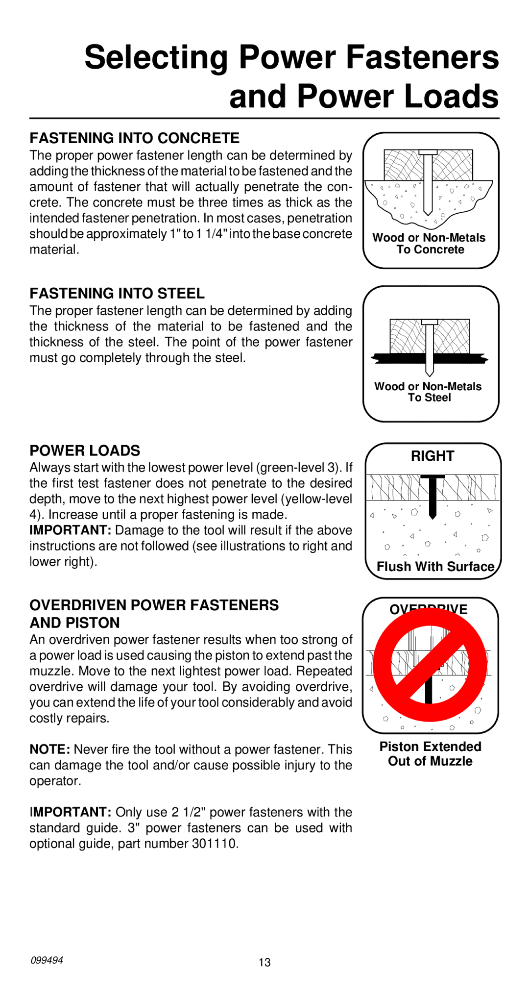 Remington 491 operating instructions Selecting Power Fasteners and Power Loads, Overdrive 