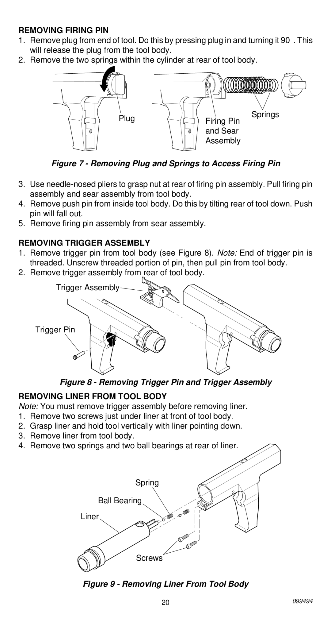 Remington 491 operating instructions Removing Firing PIN, Removing Trigger Assembly, Removing Liner from Tool Body 