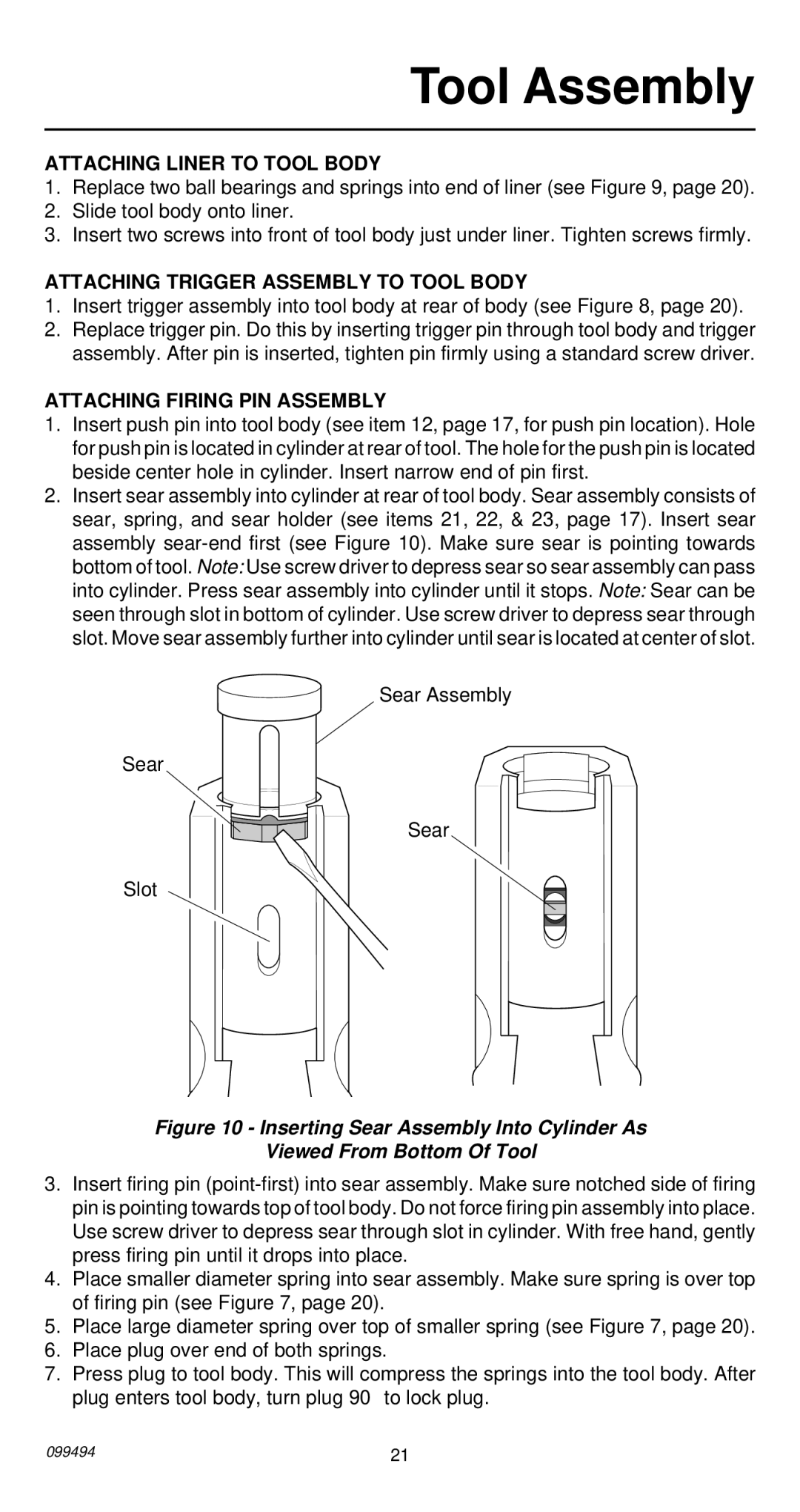 Remington 491 operating instructions Tool Assembly, Attaching Liner to Tool Body, Attaching Trigger Assembly to Tool Body 