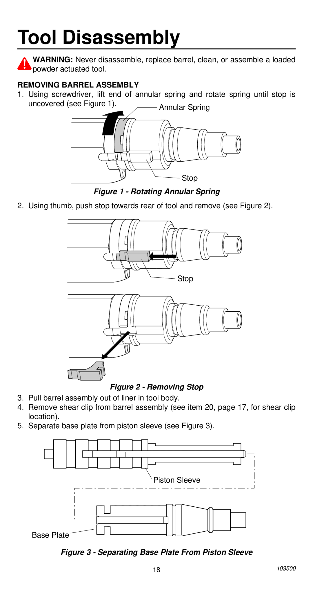 Remington 493 operating instructions Separating Base Plate From Piston Sleeve 