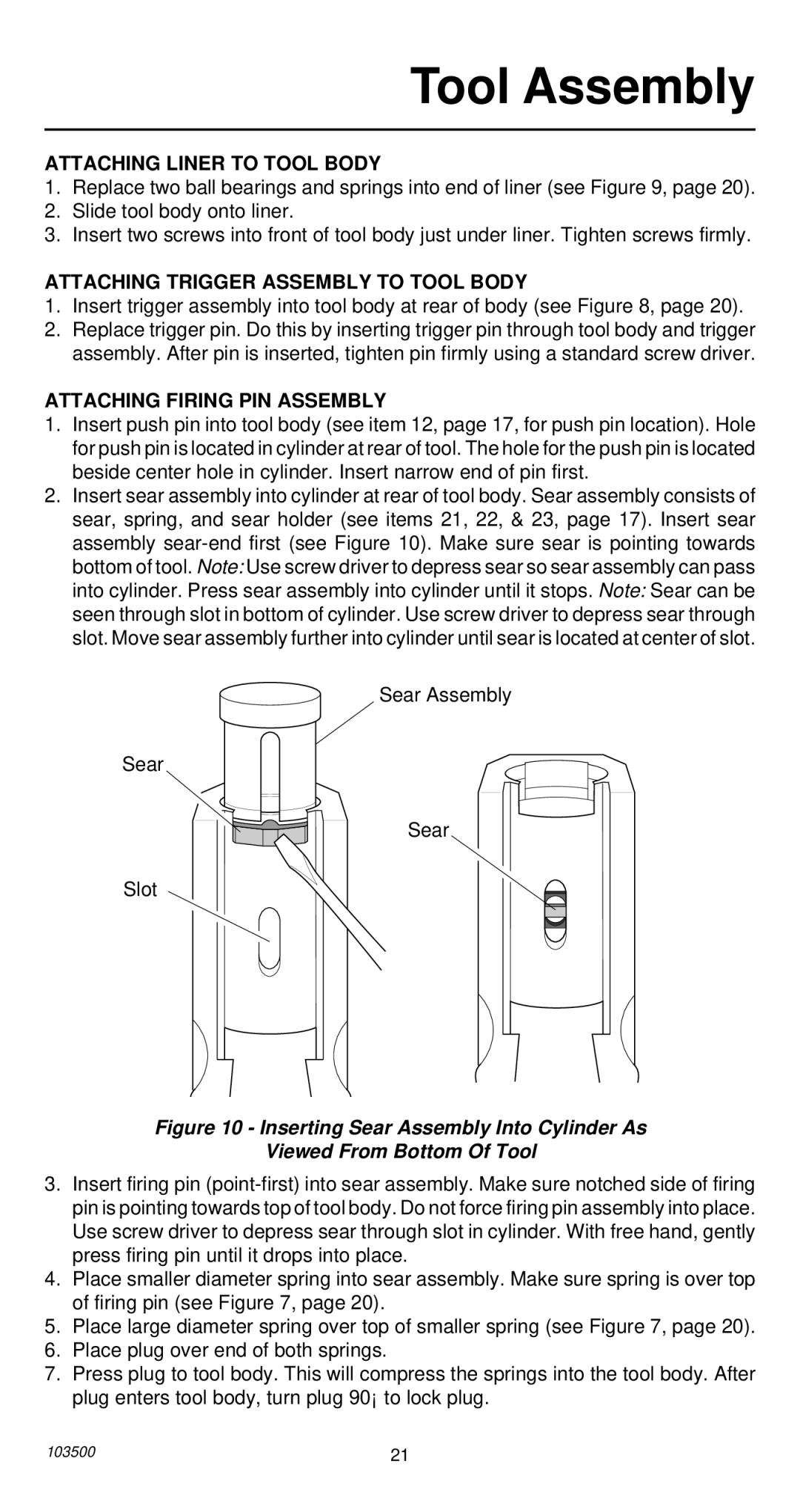 Remington 493 operating instructions Tool Assembly, Attaching Liner to Tool Body, Attaching Trigger Assembly to Tool Body 