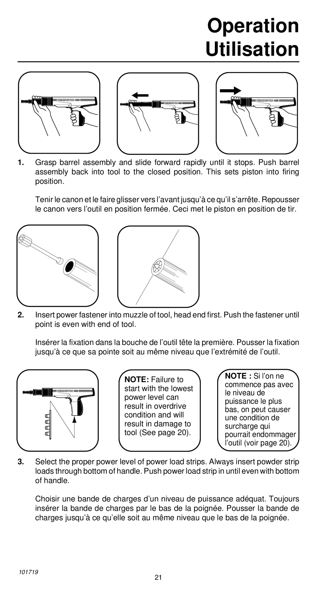 Remington 495 operating instructions Operation Utilisation 