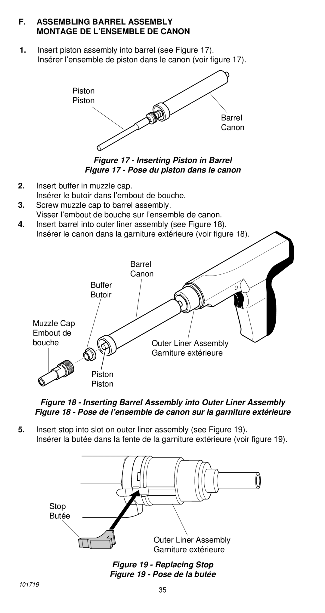 Remington 495 operating instructions Assembling Barrel Assembly Montage DE L’ENSEMBLE DE Canon, Inserting Piston in Barrel 