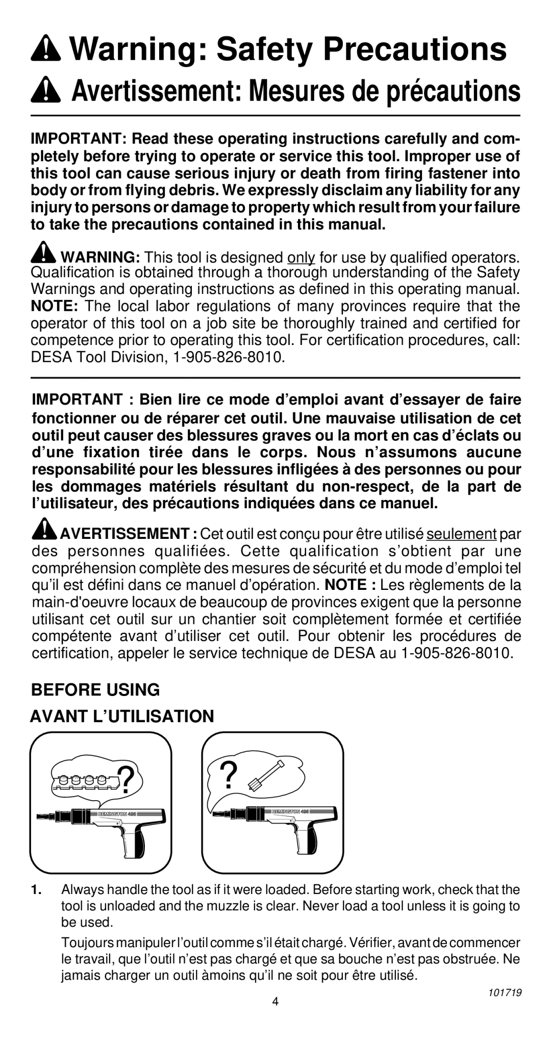 Remington 495 operating instructions Avertissement Mesures de précautions 