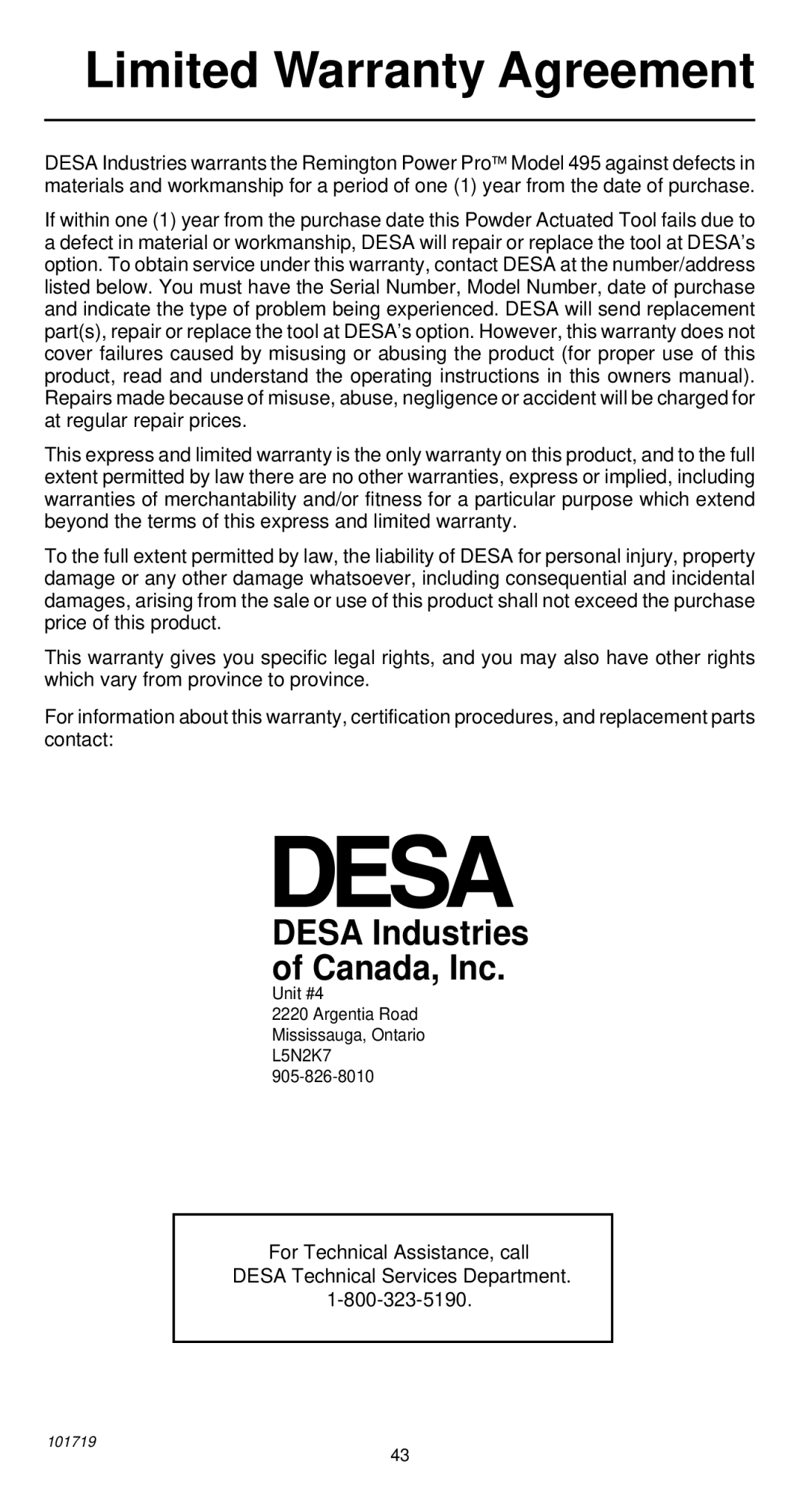 Remington 495 operating instructions Limited Warranty Agreement, Desa Industries Canada, Inc 