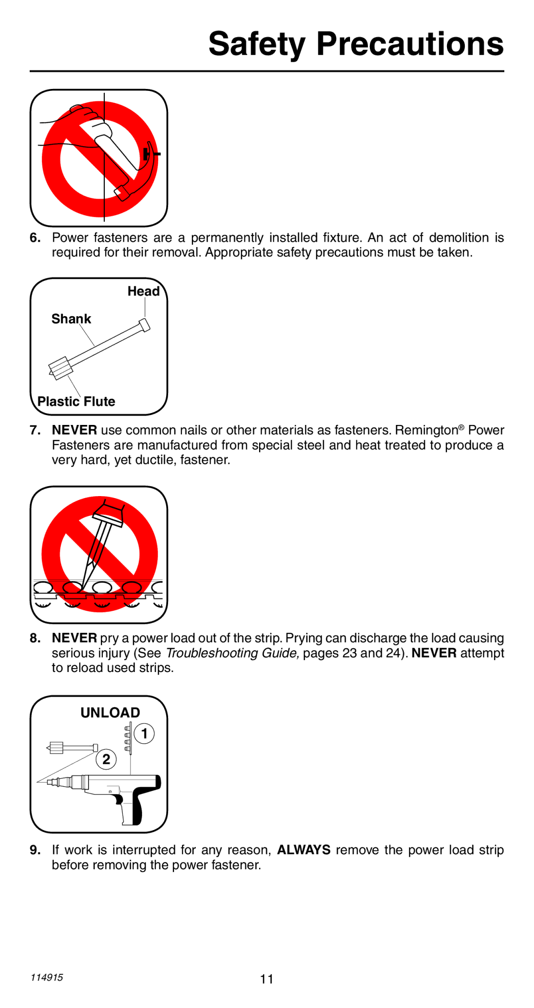 Remington 498 operating instructions Head Shank Plastic Flute, Unload 