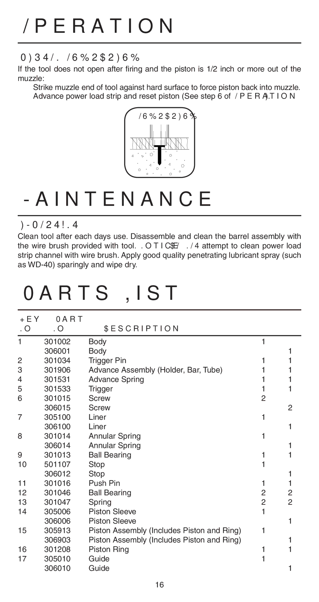 Remington operating instructions Maintenance, Parts List, Piston Overdrive, Key Part Description 493 498 