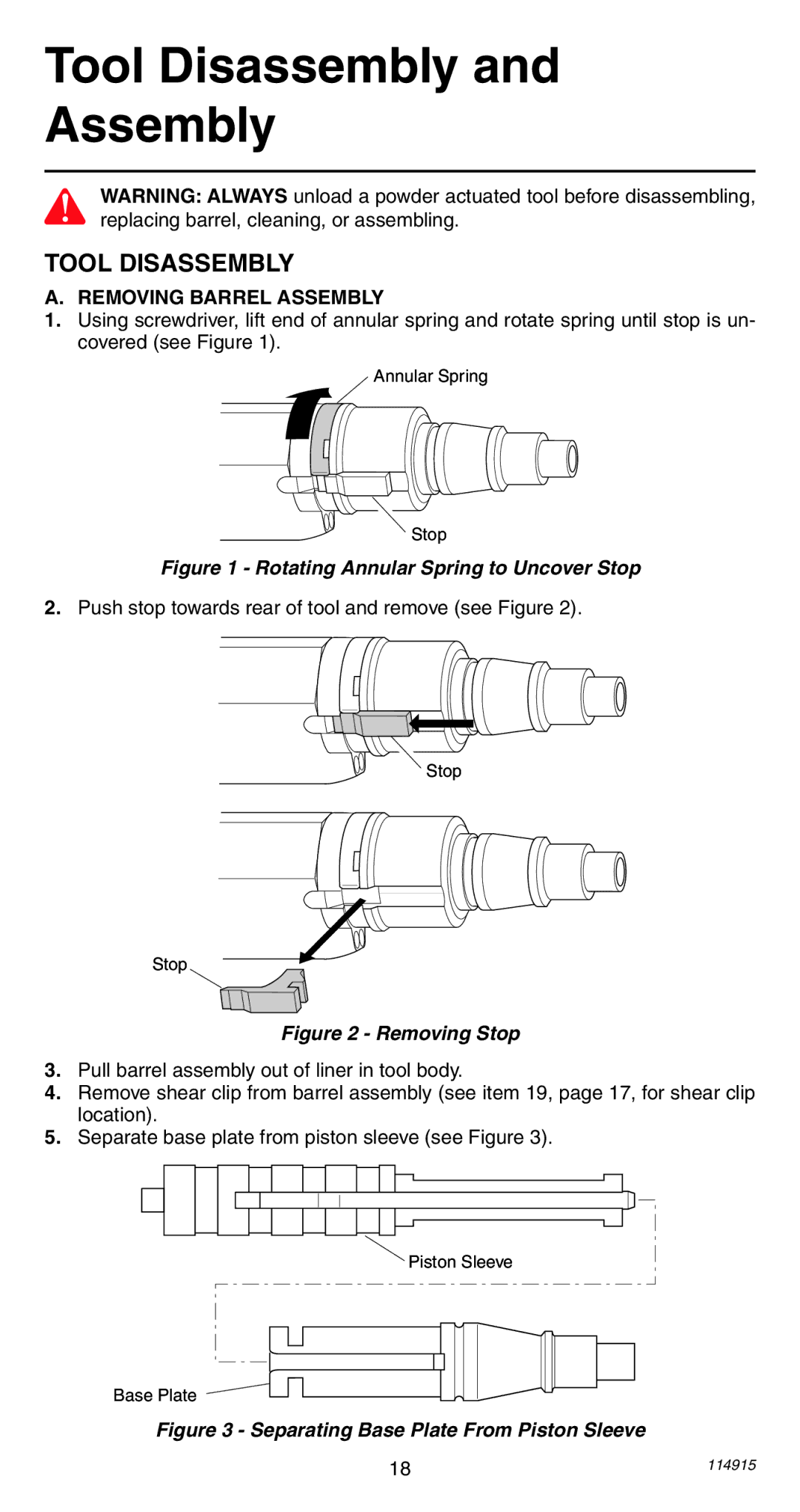 Remington 498 Tool Disassembly Assembly, Removing Barrel Assembly, Push stop towards rear of tool and remove see Figure 