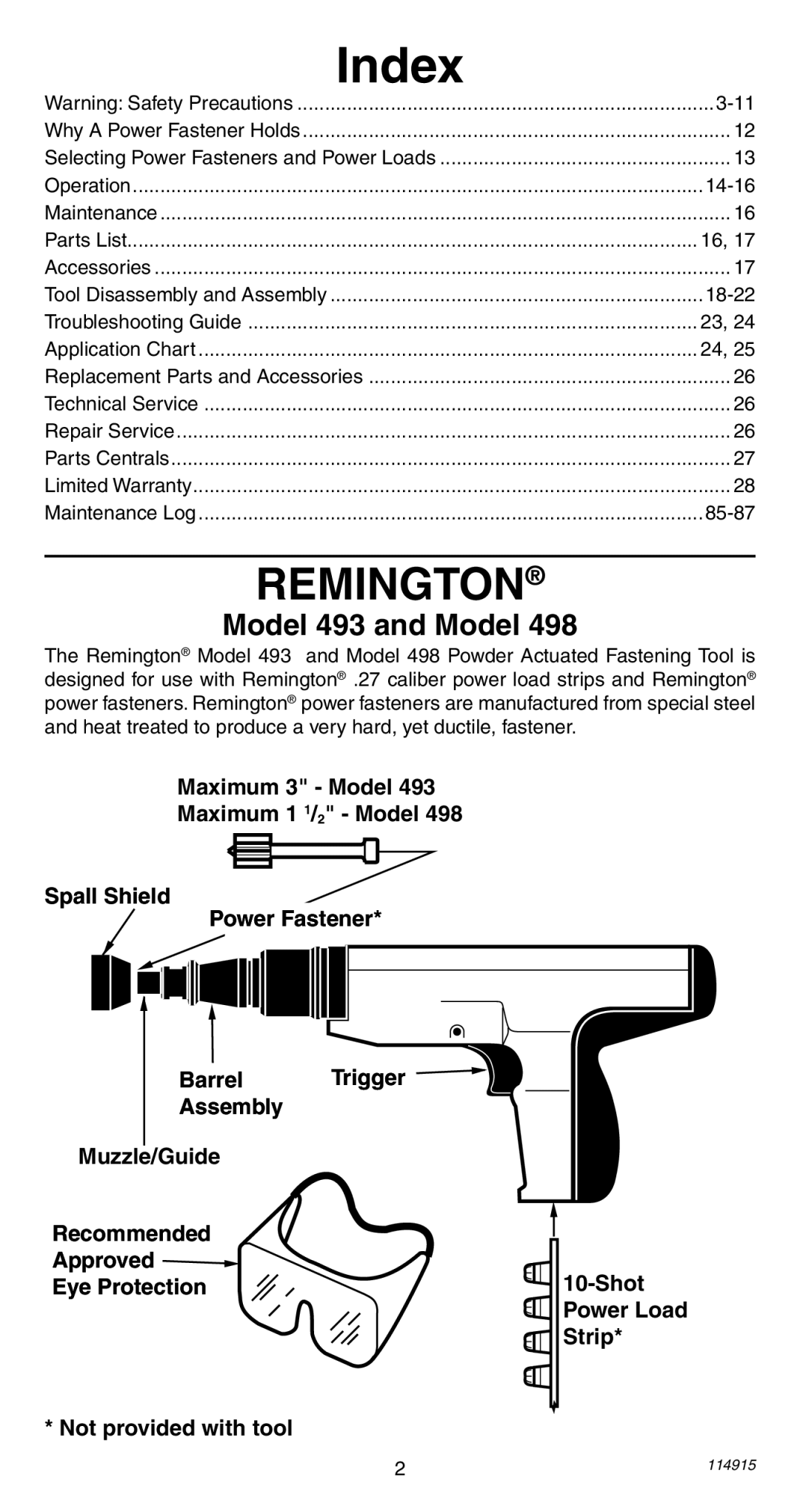 Remington 498 operating instructions Index, 14-16, 18-22, 85-87, Power Load 