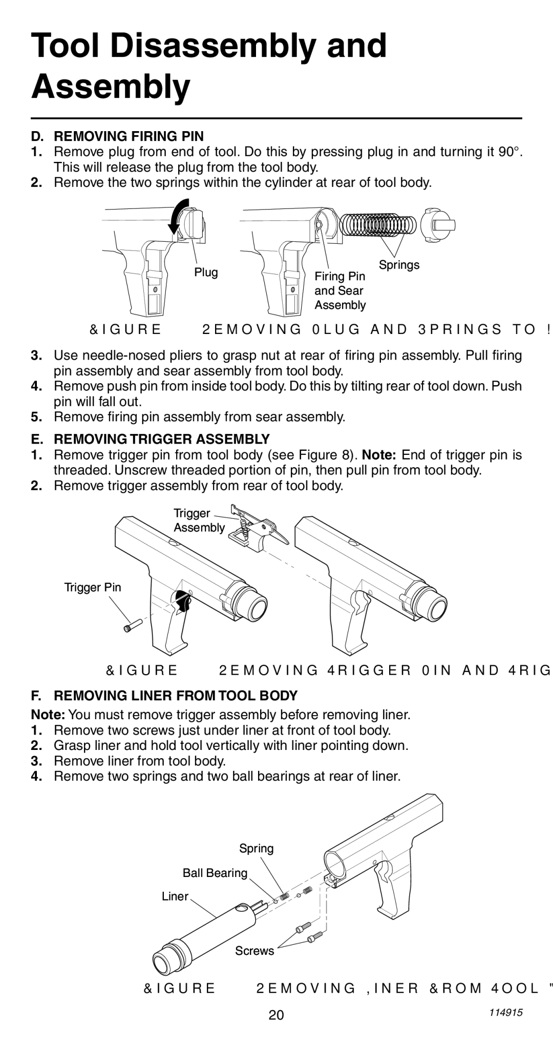 Remington 498 operating instructions Removing Firing PIN, Removing Trigger Assembly, Removing Liner from Tool Body 