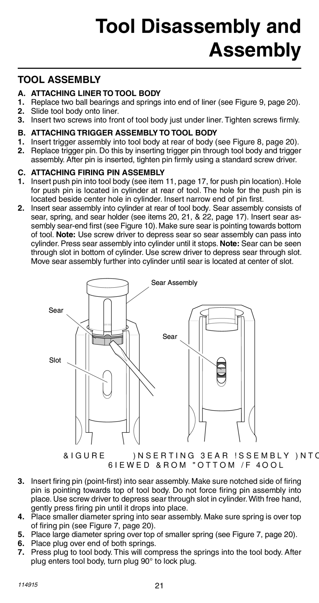 Remington 498 operating instructions Tool Assembly, Attaching Liner to Tool Body, Attaching Trigger Assembly to Tool Body 