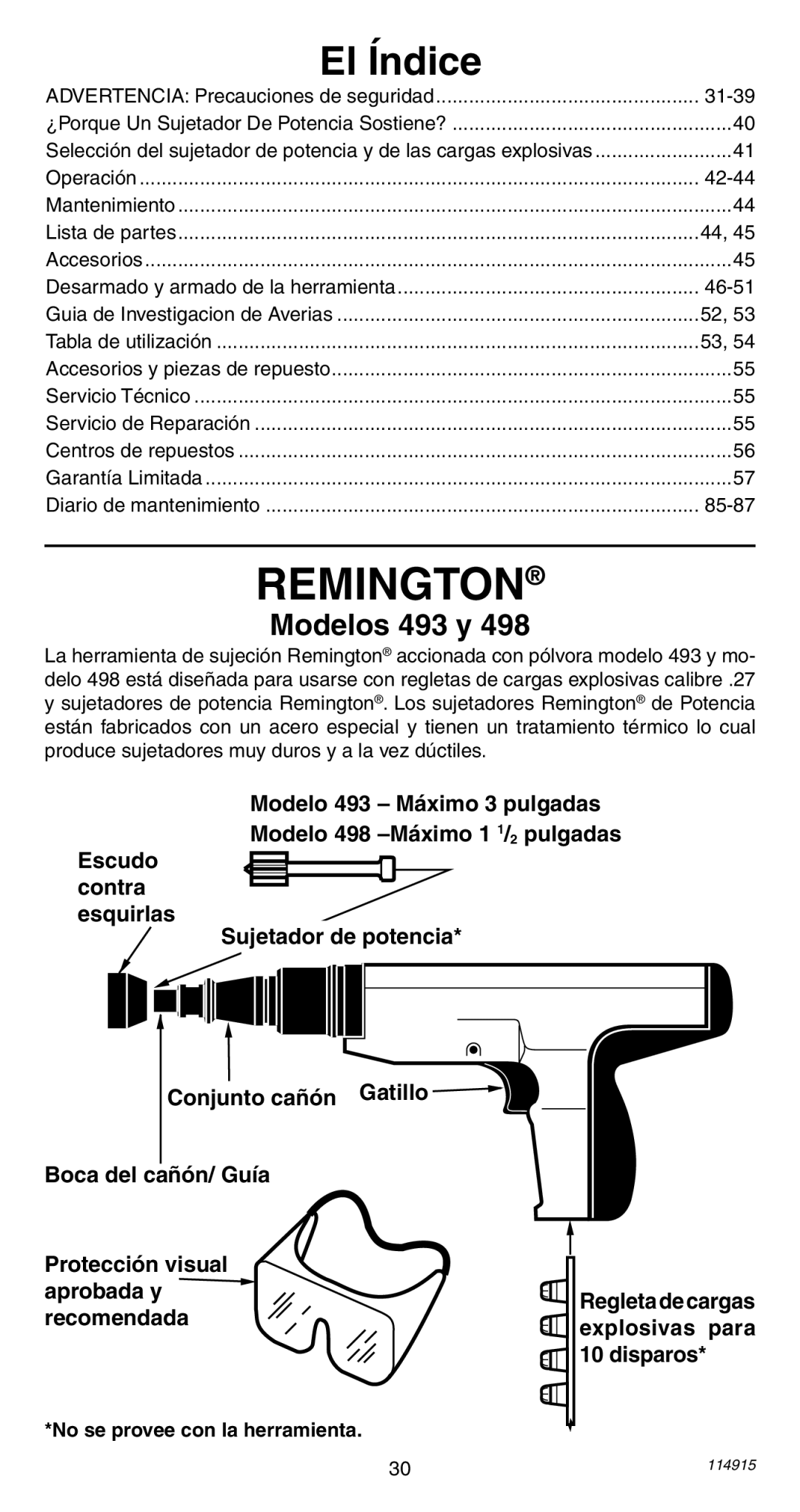 Remington 498 operating instructions El Índice, Regletadecargas, No se provee con la herramienta 