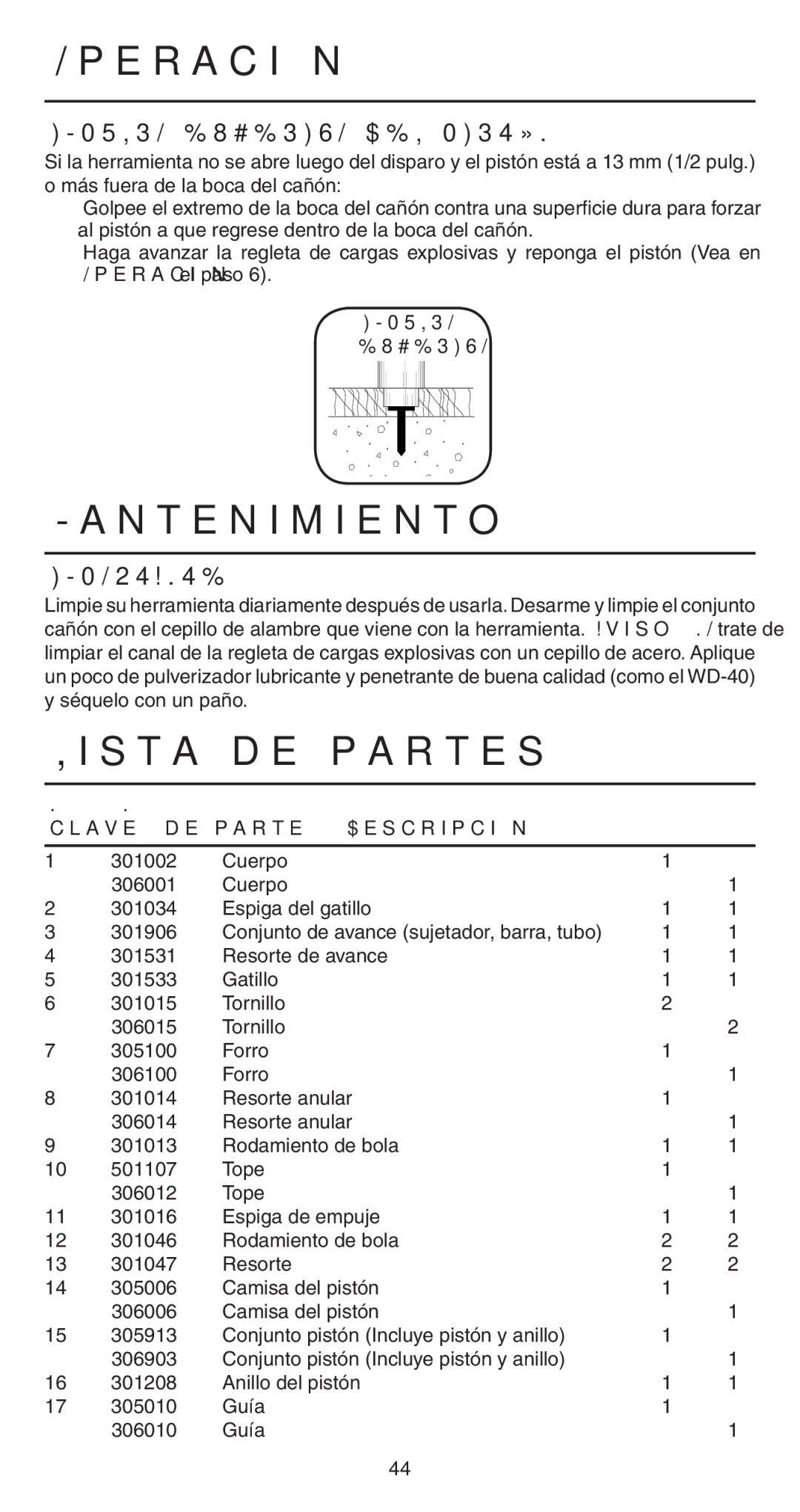 Remington 498 operating instructions Mantenimiento, Lista de partes, Impulso Excesivo DEL Pistón, Importante 