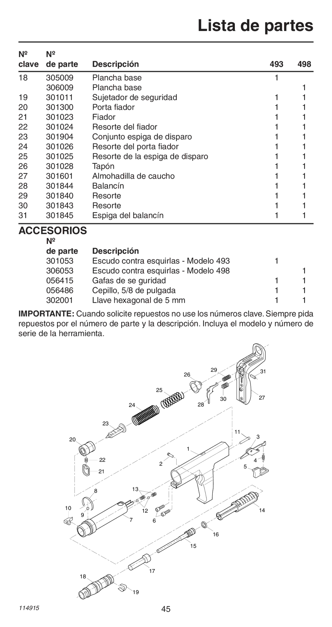 Remington 498 operating instructions Accesorios, De parte Descripción 