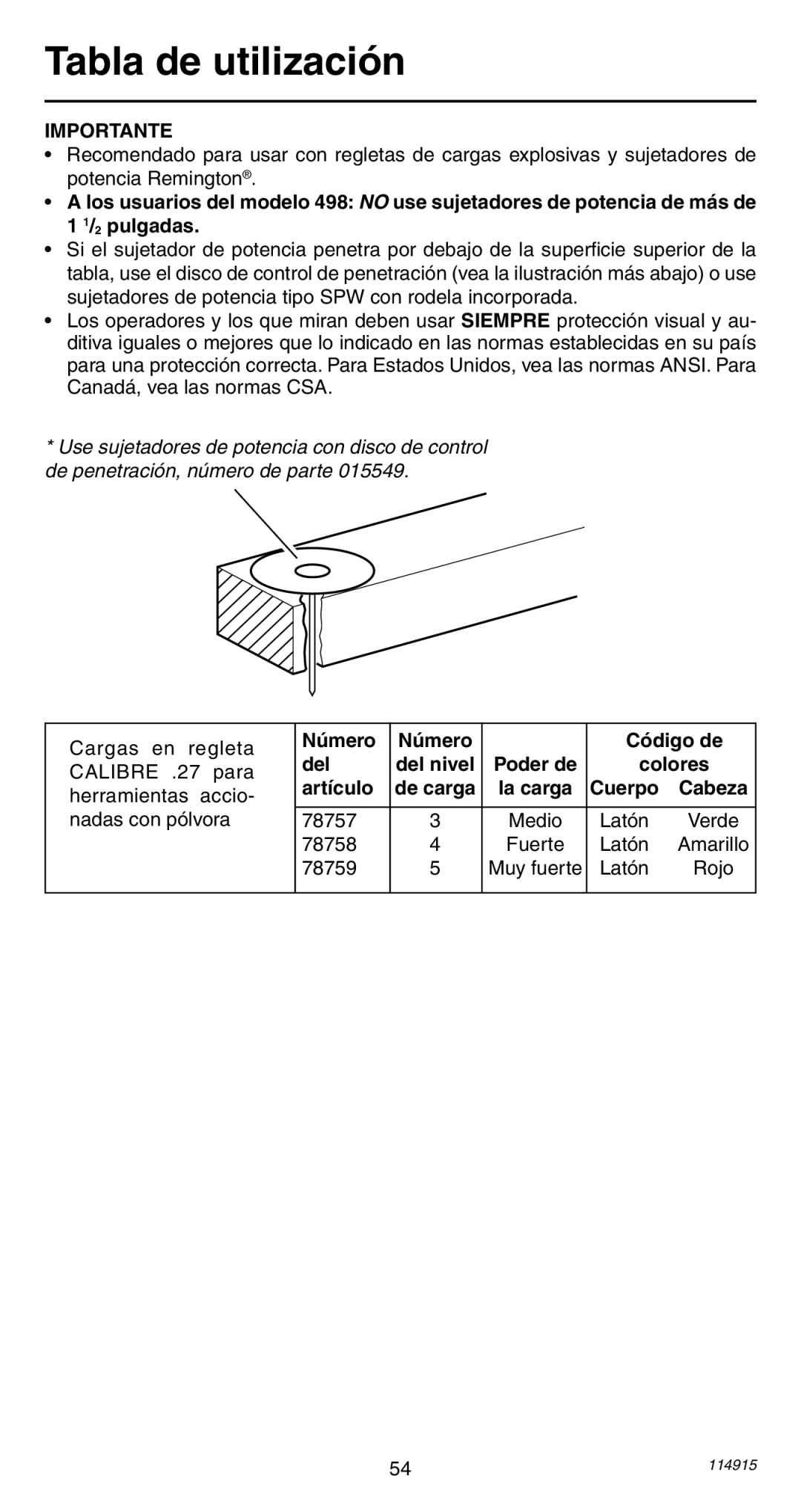 Remington 498 operating instructions Importante, Número Código de Del, Artículo 