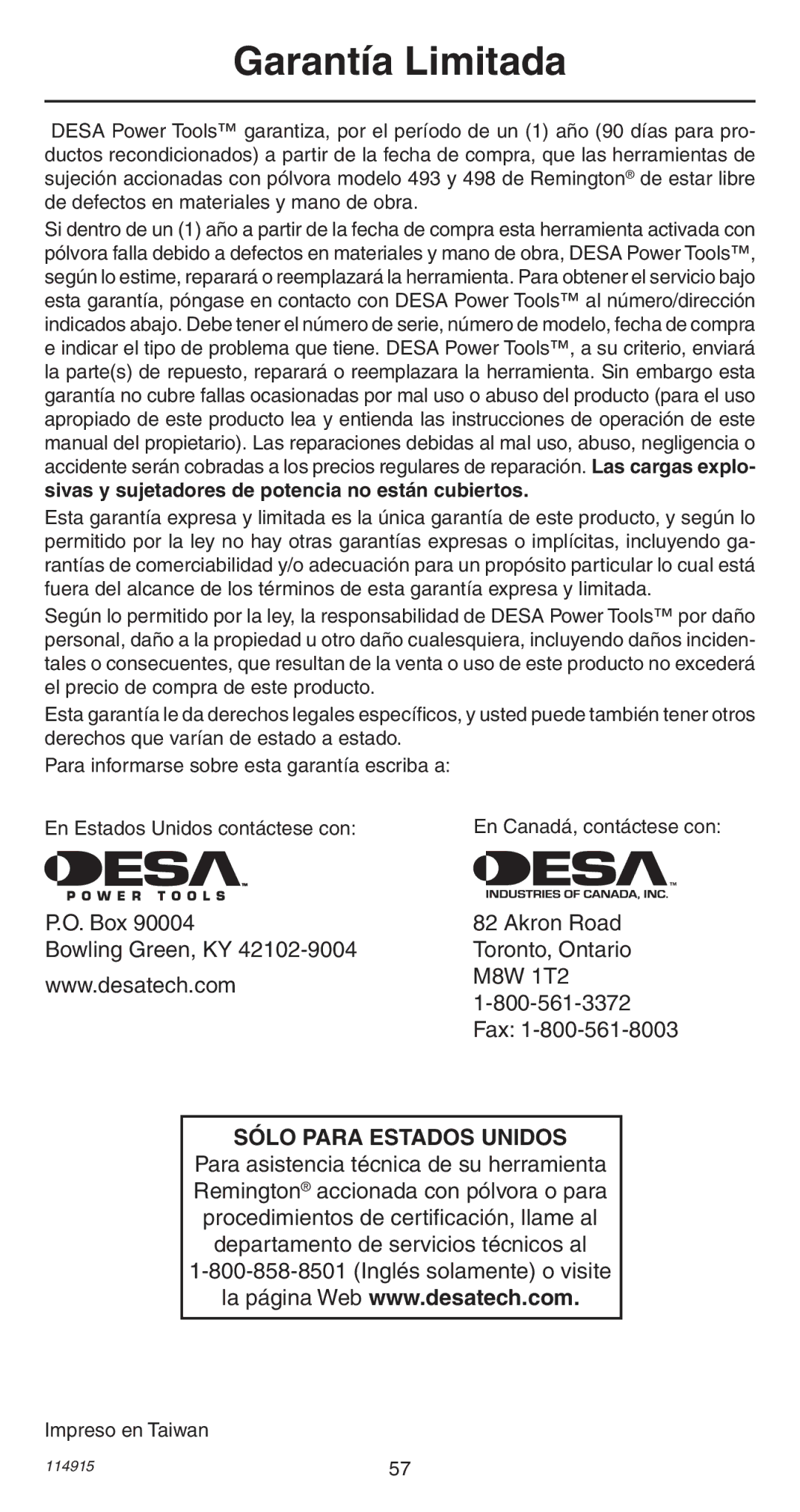 Remington 498 operating instructions Garantía Limitada, Impreso en Taiwan 