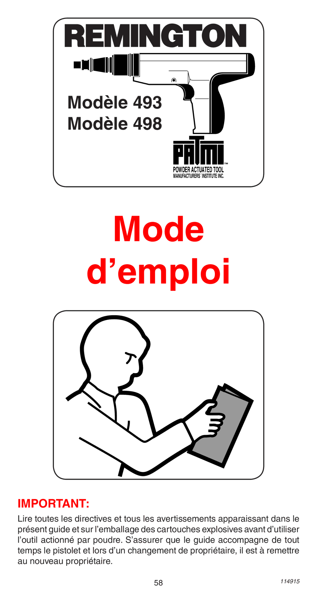 Remington 498 operating instructions Mode ’emploi 