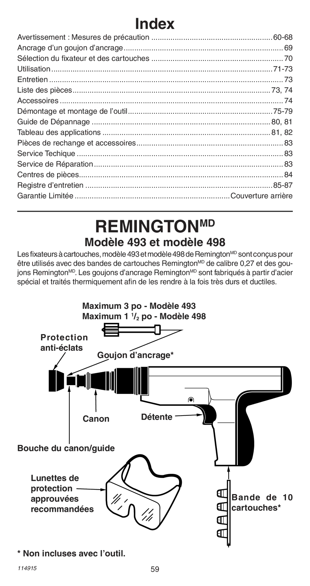 Remington 498 operating instructions Index, 60-68, 71-73, 75-79 