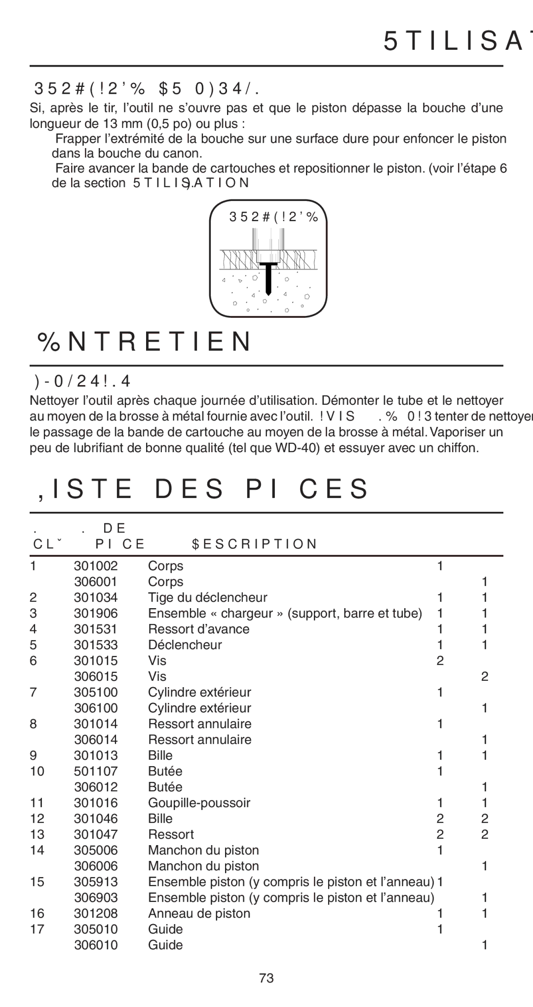 Remington operating instructions Entretien, Liste des pièces, Surcharge DU Piston, Clé Pièce Description 493 498 