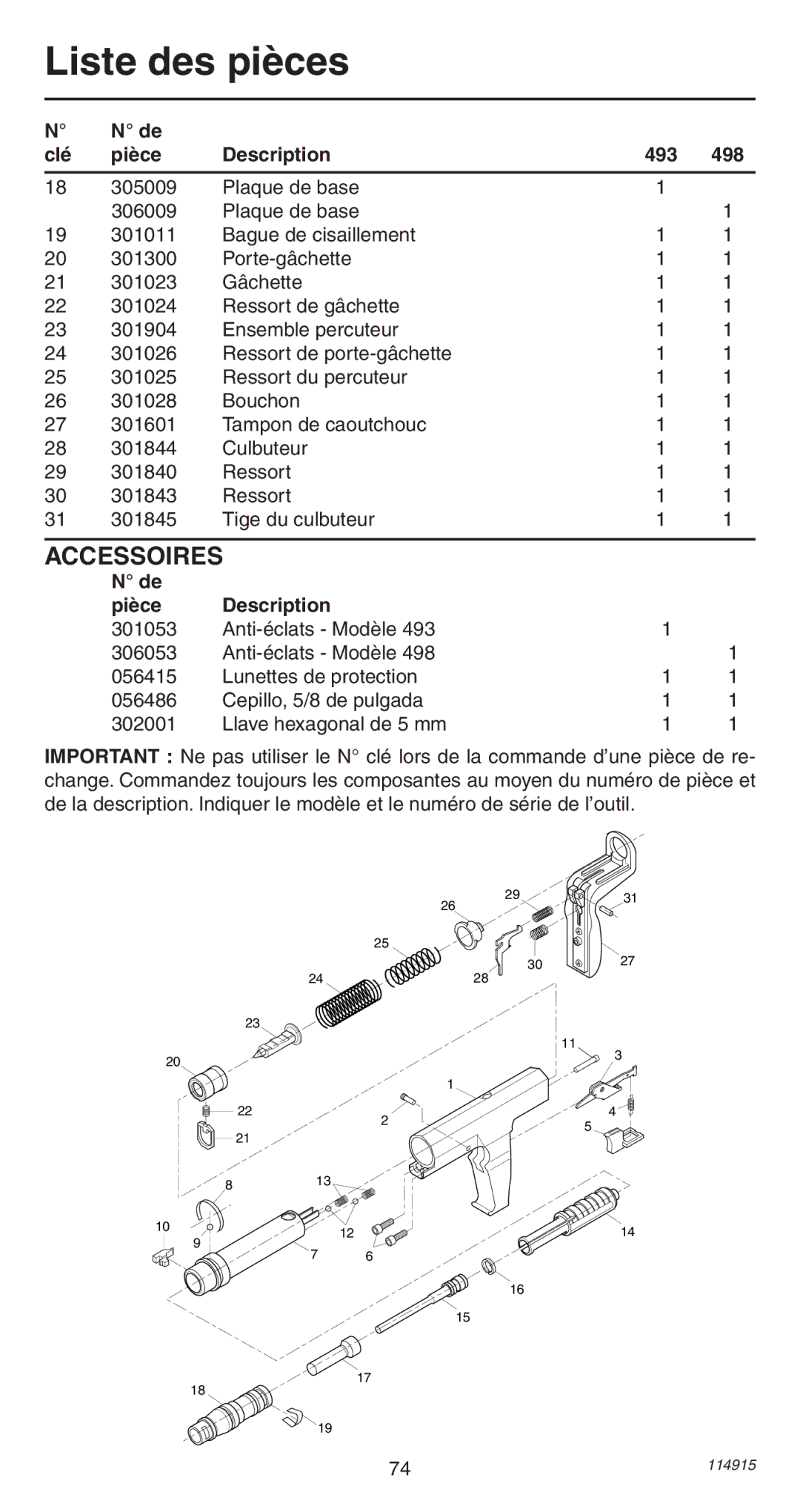 Remington 498 operating instructions Accessoires, Pièce Description 