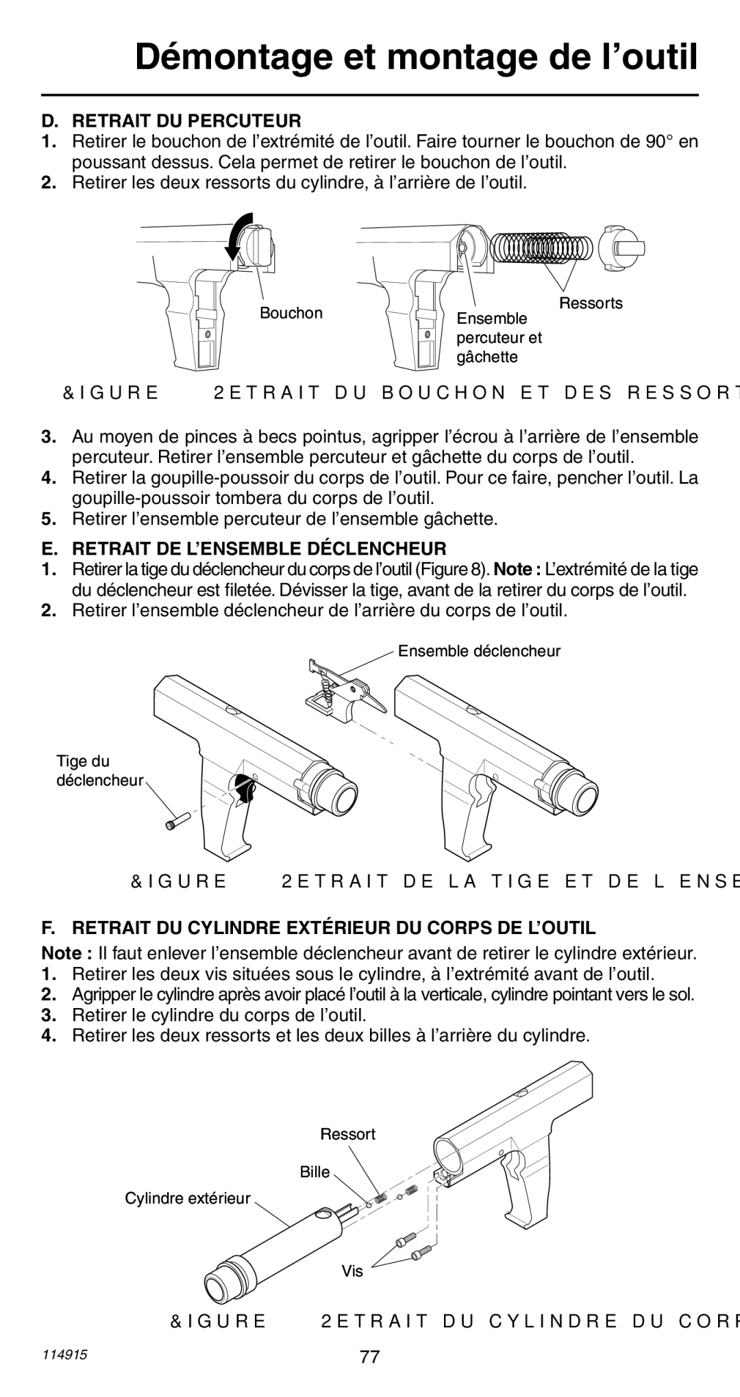 Remington 498 Retrait DU Percuteur, Retrait DE L’ENSEMBLE Déclencheur, Retrait DU Cylindre Extérieur DU Corps DE L’OUTIL 