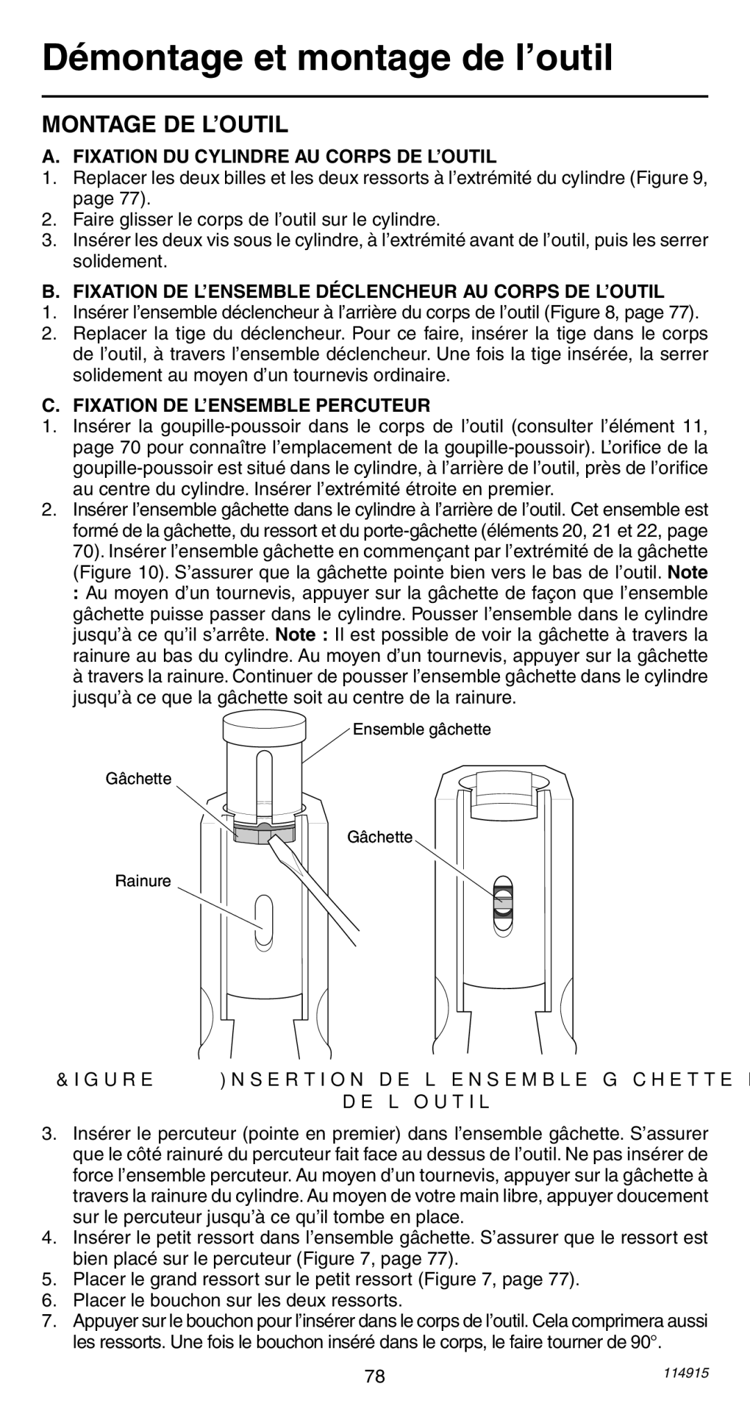 Remington 498 Montage DE L’OUTIL, Fixation DU Cylindre AU Corps DE L’OUTIL, Fixation DE L’ENSEMBLE Percuteur 