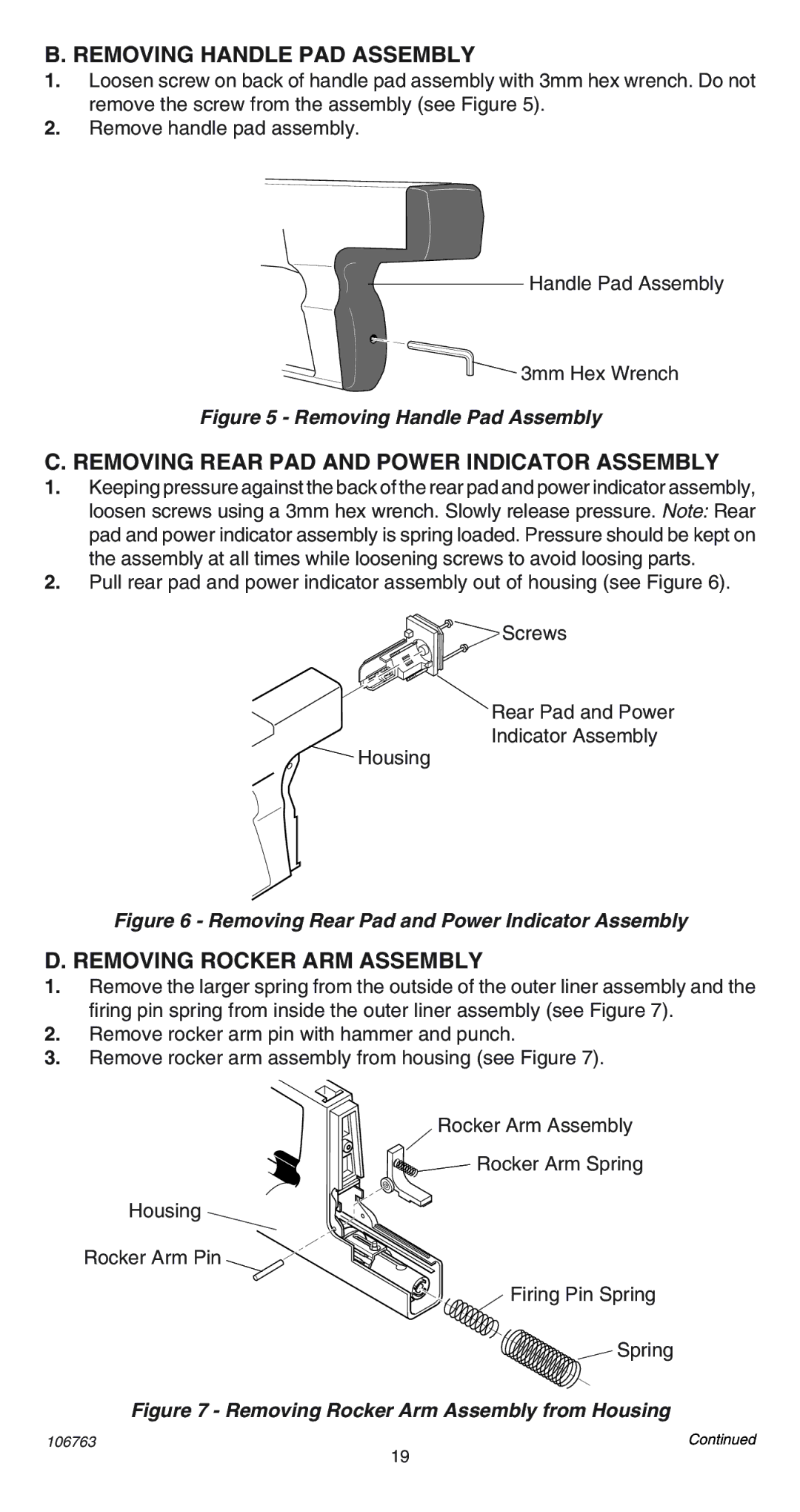 Remington 500V Removing Handle PAD Assembly, Removing Rear PAD and Power Indicator Assembly, Removing Rocker ARM Assembly 