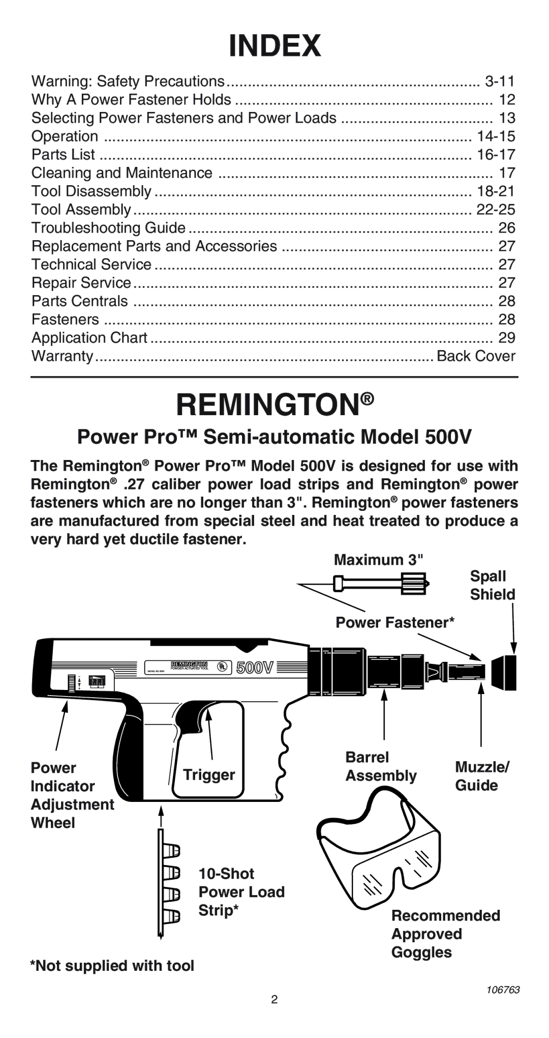 Remington 500V operating instructions Index 