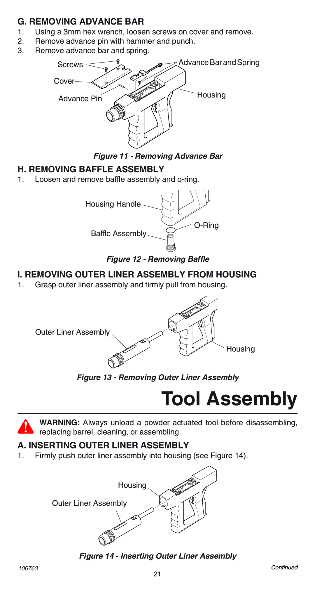 Remington 500V Tool Assembly, Removing Advance BAR, Removing Baffle Assembly, Removing Outer Liner Assembly from Housing 