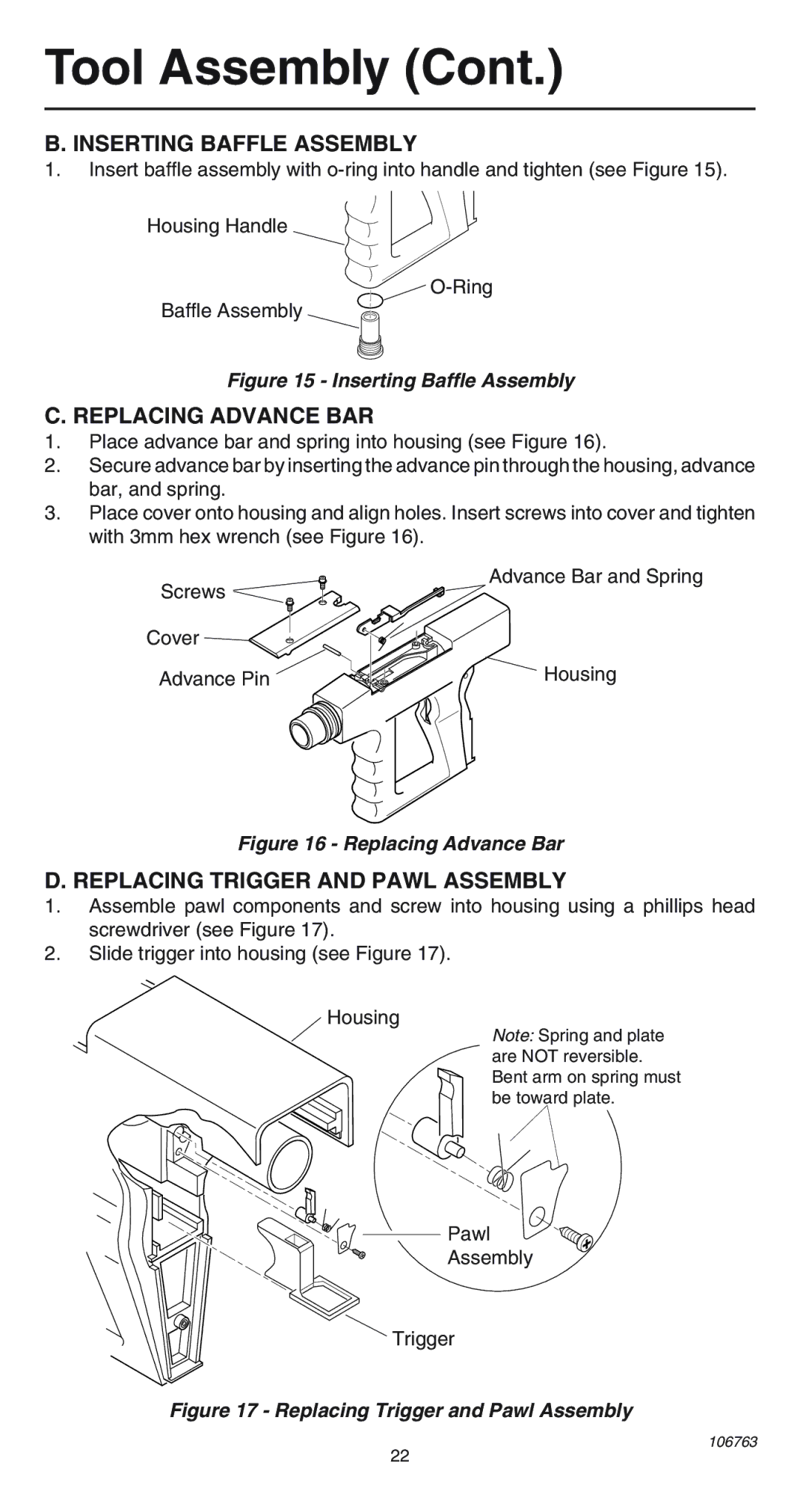 Remington 500V operating instructions Inserting Baffle Assembly, Replacing Advance BAR, Replacing Trigger and Pawl Assembly 