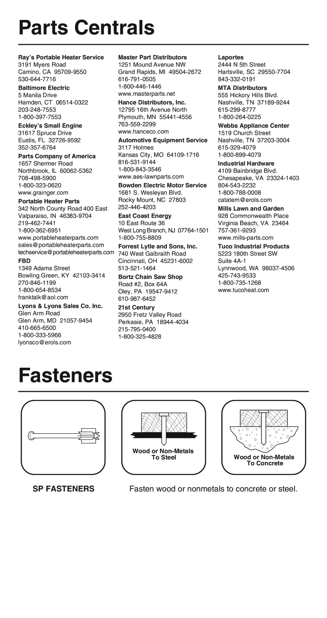 Remington 500V operating instructions Parts Centrals, Fasteners 